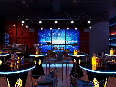 Modern Bar Interior With Blue Lit Backdrop Round Counters Black Chairs Neon Accents 3d model