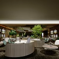 Modern Café Interior With Lush Green Plants Brick Wall Wooden Counter And Green Chairs