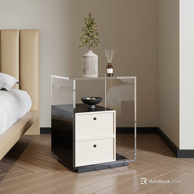 Modern Bedroom Nightstand With Acrylic Frame Black White Drawers And Decorative Plant Aromatherapy 3d model 