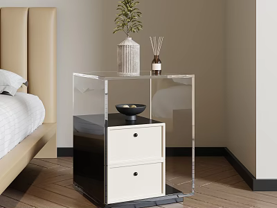 Modern Bedroom Nightstand With Acrylic Frame Black White Drawers And Decorative Plant Aromatherapy 3d model