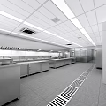 Commercial Kitchen Interior With Stainless Steel Workstations Ceiling Lighting And Floor Drain