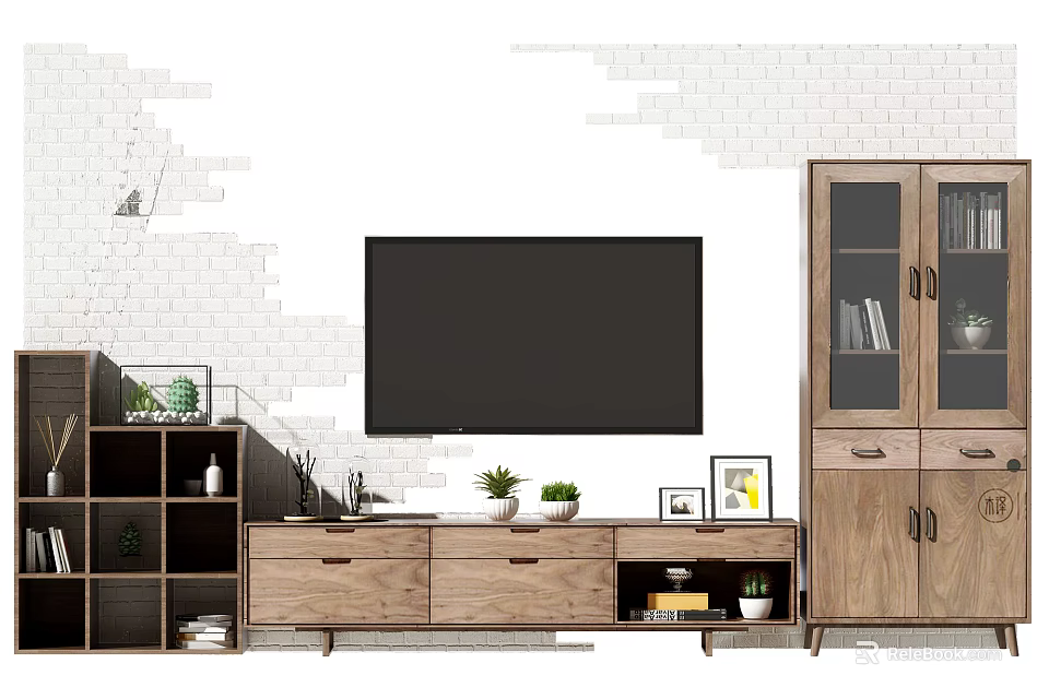 Modern TV Stand With Wall Mounted TV Storage Cabinets Photo Frames And Decorative Plants 3d model 