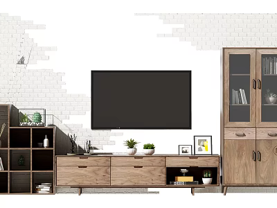 Modern TV Stand With Wall Mounted TV Storage Cabinets Photo Frames And Decorative Plants 3d model