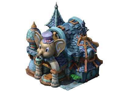 Cartoon Scene of Elephant Shaped Building With Tiled Roof Lantern and Decorative Tower 3d model