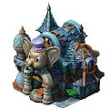 Cartoon Scene of Elephant Shaped Building With Tiled Roof Lantern and Decorative Tower