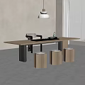 Modern Wooden Tea Table Set With Long Surface And Stools In Minimalist Interior 3d model