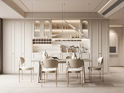 Elegant Luxurious Restaurant Interior With Beige Chairs White Cabinets And Gold Accents 3d model