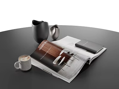 Decorative Ornament Set with Black Jug Silver Cup Open Magazine Coffee Latte Art on Tabletop 3d model