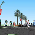 Municipal Road with Palm Trees Pedestrians Vehicles Street Lamps and Green Belts