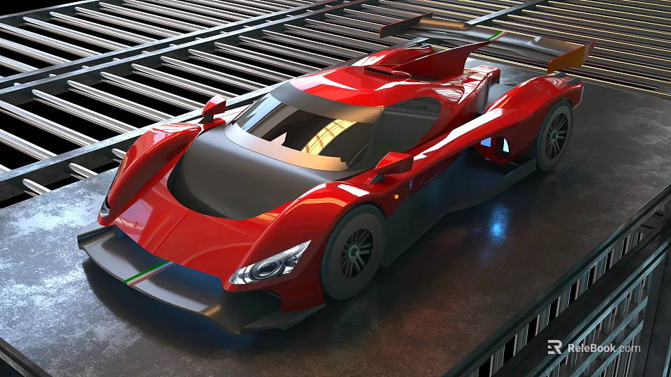Red Streamlined Race Car on Industrial Metal Grid Platform with Aerodynamic Design 3d model 