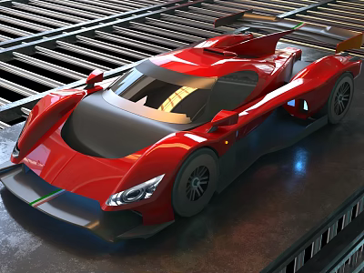 Red Streamlined Race Car on Industrial Metal Grid Platform with Aerodynamic Design 3d model