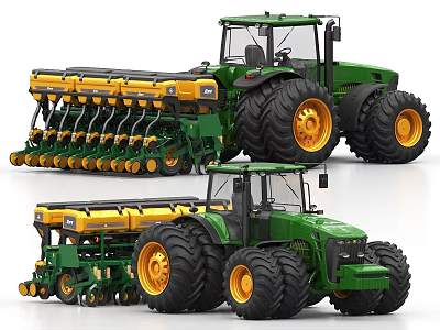 Green Agricultural Tractors with Yellow Seeding Attachments Large Tires Modern Farm Machinery 3d model