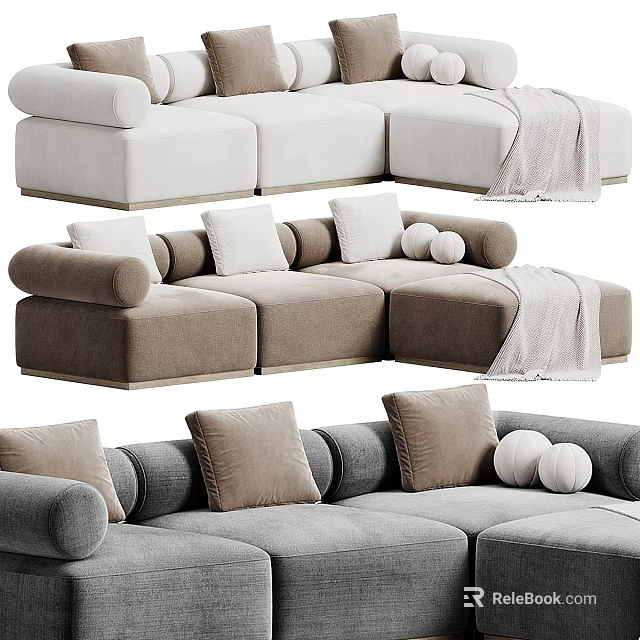 Modern Sectional Sofa in Beige Gray White with Throw Pillows and Blanket 3d model 