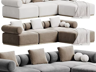 Modern Sectional Sofa in Beige Gray White with Throw Pillows and Blanket 3d model