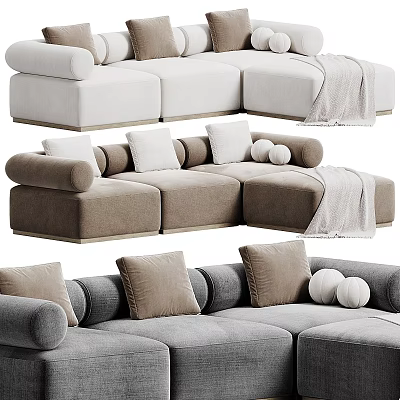 Modern Sectional Sofa in Beige Gray White with Throw Pillows and Blanket 3d model