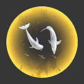 Playful Dolphins Interacting With Small Fish In Yellow Circular Area With Hanging Strings 3d model