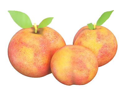 Fresh Ripe Peaches With Green Leaves And Red Yellow Skin 3d model