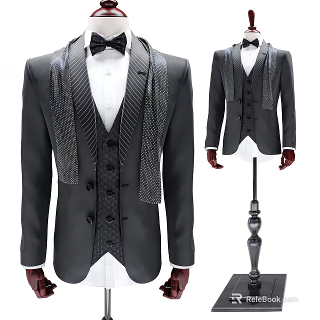 Model Wearing Formal Gray Tuxedo With Vest Bow Tie And Striped Accents 3d model 