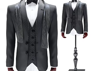 Model Wearing Formal Gray Tuxedo With Vest Bow Tie And Striped Accents 3d model