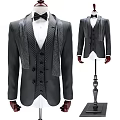 Model Wearing Formal Gray Tuxedo With Vest Bow Tie And Striped Accents