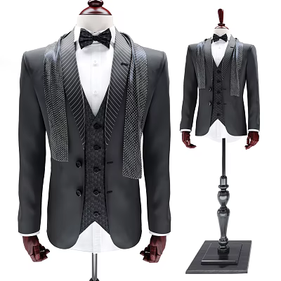 Model Wearing Formal Gray Tuxedo With Vest Bow Tie And Striped Accents 3d model