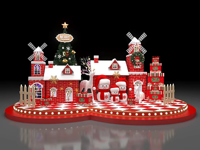 Christmas Themed Decoration Scene With Red Buildings Windmills Snowmen And Reindeer 3d model