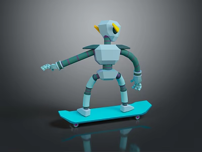 White Robot with Yellow Ears and Green Striped Limbs Riding Blue Skateboard 3d model