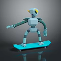 White Robot with Yellow Ears and Green Striped Limbs Riding Blue Skateboard
