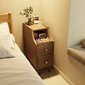 Wooden Bedside Table With Drawers Potted Plant Photo Frame And Alarm Clock By Bed