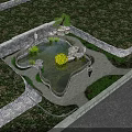 Tranquil Garden Landscape with Pond Stones Green Plants and Wooden Fence in Sunlight