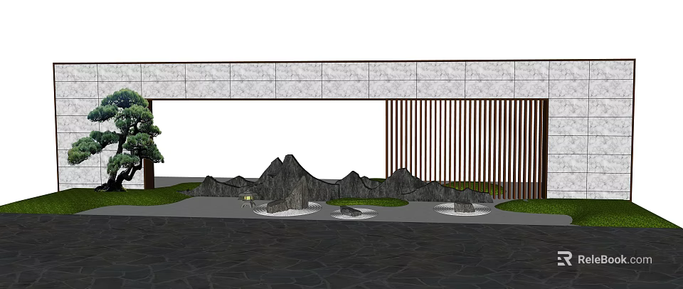 Modern Feature Wall Design With Stone Rockery Water Features And Slatted Elements 3d model