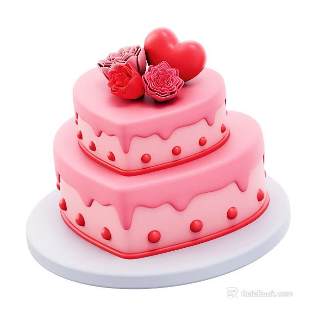 Two Layer Heart Shaped Pink Cake With Red Roses Red Heart And Dripping Frosting 3d model 