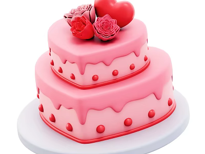 Two Layer Heart Shaped Pink Cake With Red Roses Red Heart And Dripping Frosting 3d model
