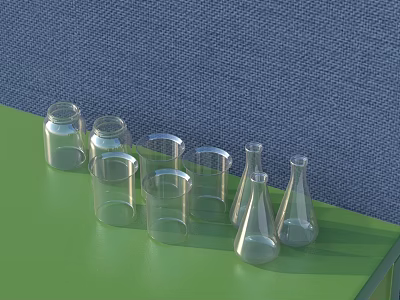Transparent Glassware In Various Shapes On Green Tabletop With Blue Background 3d model