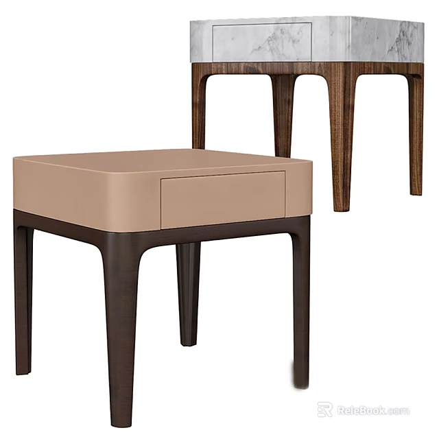 Modern Side Tables With Beige Drawer Marble Top And Wooden Legs Design 3d model 