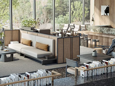 Modern Lounge Area With Large Windows Green Plants Sofa And Bookshelves 3d model