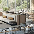 Modern Lounge Area With Large Windows Green Plants Sofa And Bookshelves