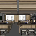 Traditional School Classroom Interior With Long Tables Wooden Benches And Wall Panels