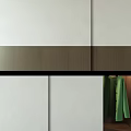 Modern Sliding Door Wardrobe Design With White Panels Wood Grain Accent And Hanging Clothes