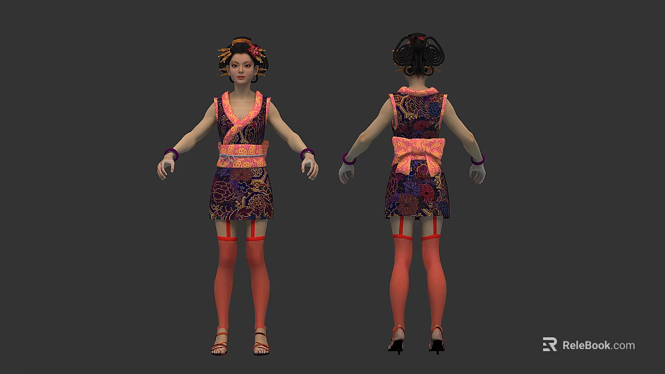 Game Film Character Front Back View With Ornate Patterned Dress And Red Stockings 3d model 