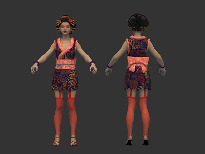 Game Film Character Front Back View With Ornate Patterned Dress And Red Stockings 3d model