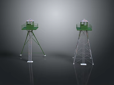 Scenic Landscape Featuring Two Green Watchtowers Metal Structures Ladders Gray Background And Ground Reflections 3d model