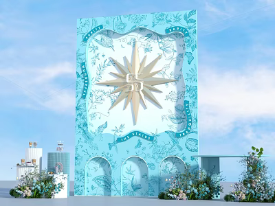 Blue Check-in Backdrop With Golden Star Pattern And Decorative Flowers White Cakes 3d model