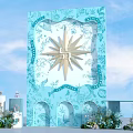 Blue Check-in Backdrop With Golden Star Pattern And Decorative Flowers White Cakes