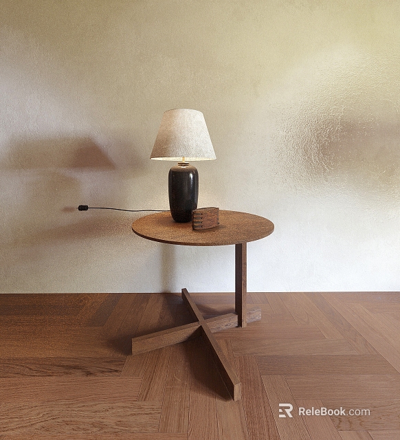 Wooden Round Coffee Table with Black Table Lamp and Small Decor on Wooden Floor 3d model 