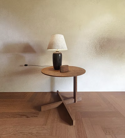 Wooden Round Coffee Table with Black Table Lamp and Small Decor on Wooden Floor 3d model