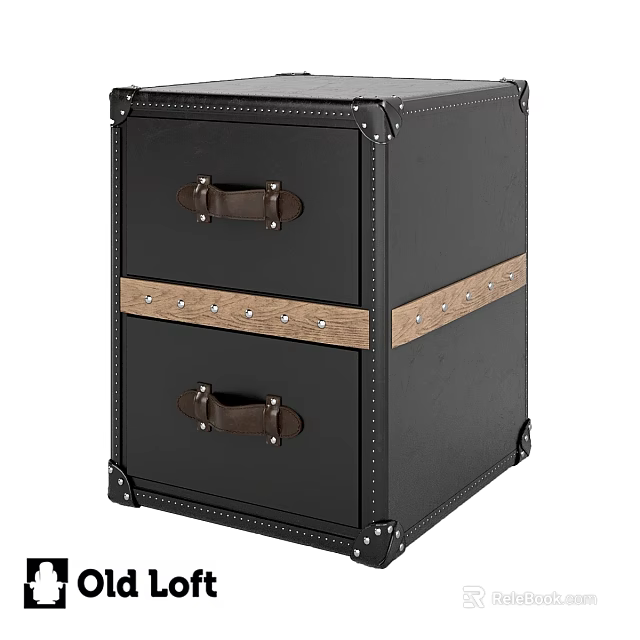Black Cabinet With Two Drawers Leather Handles And Wooden Trim Rivet Details 3d model 