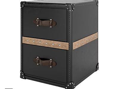 Black Cabinet With Two Drawers Leather Handles And Wooden Trim Rivet Details 3d model
