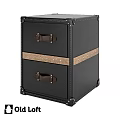 Black Cabinet With Two Drawers Leather Handles And Wooden Trim Rivet Details