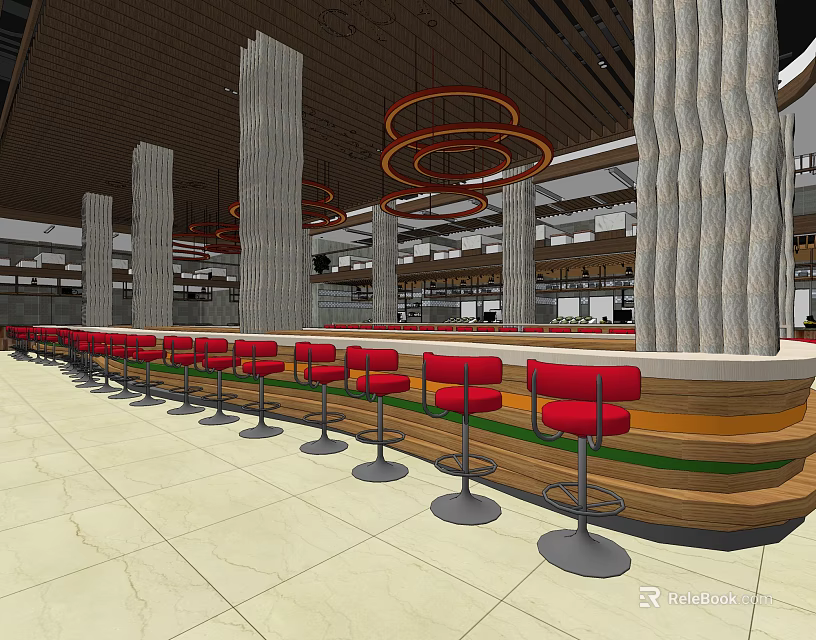 Modern Restaurant Interior With Open Bar Red Seats And Decorative Columns 3d model